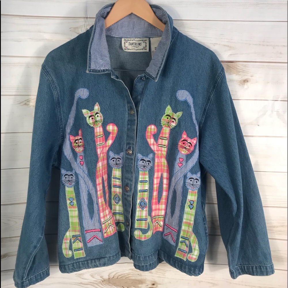 Embroidery Cat Shirt-Jkt, Denim, Long Sleeve, Med.